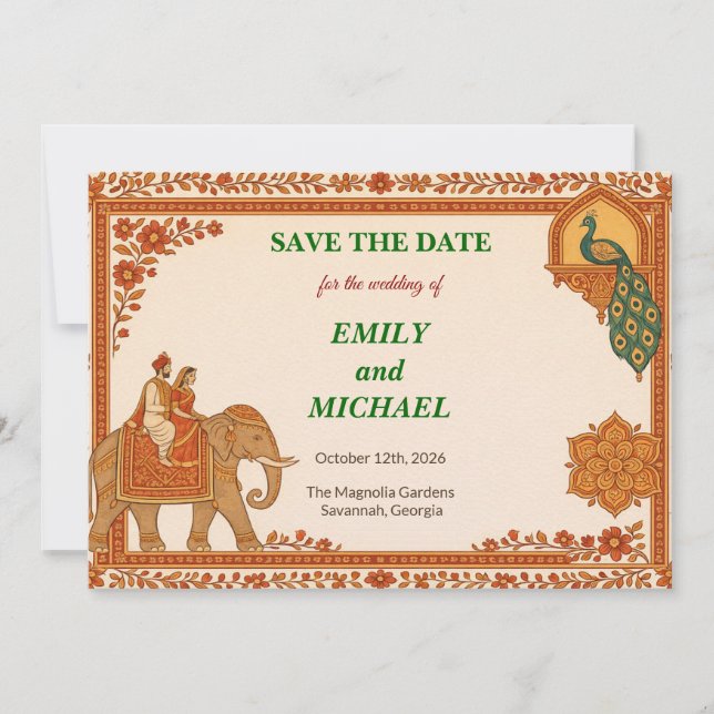 Regal Indian Elephant Gold & Saffron Save the Date (Framsida)