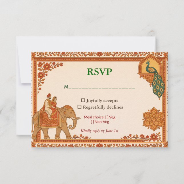 Regal Indian Floral Peacock RSVP Card OSA Kort (Framsida)