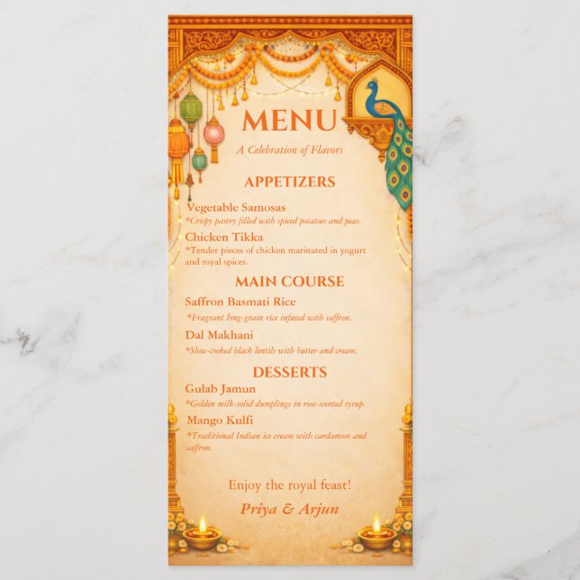 Regal Indian Wedding Menu Card | Gold & Saffron Meny (Framsida)