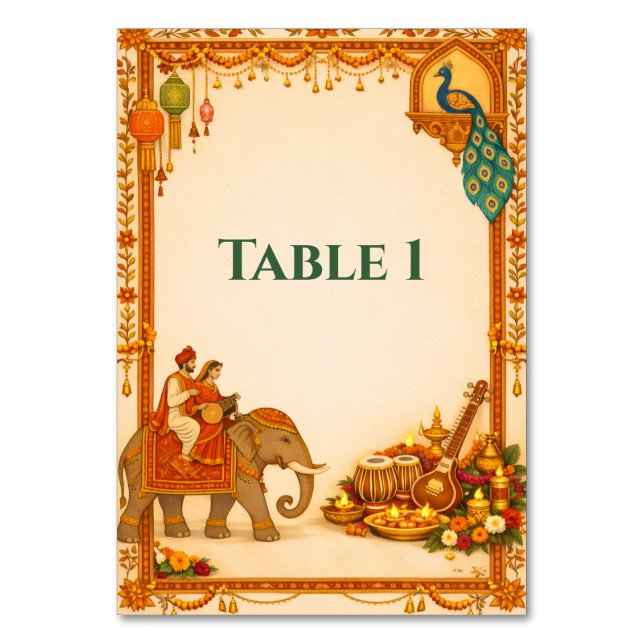 Regal Indian Wedding Table Number Card | Gold  Bordsnummer (Framsidan)