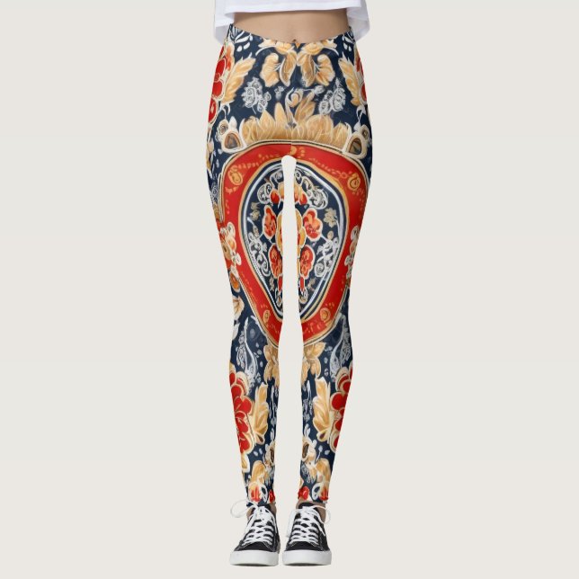 Regal Khokhloma: Ornate Blommigt Medallion Leggings (Framsida)