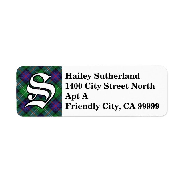 Regal Klan Sutherland Tartan Monogram Returadress Etikett (Framsidan)