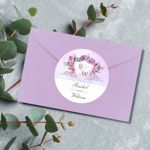 Regal Monogram Shield & Blommigt Bröllop Sticker Runt Klistermärke