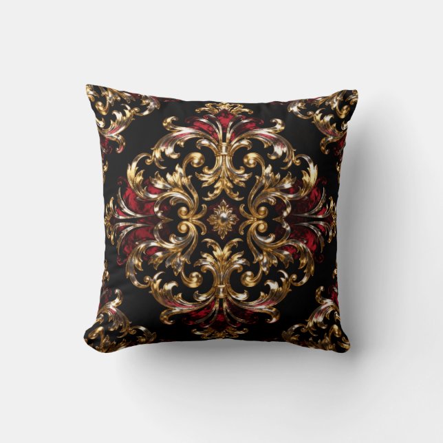 Regal Noir Pattern | Gold Scrollwork & Crimson Kudde (Framsida)