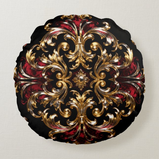 Regal Noir Pattern | Gold Scrollwork & Crimson Rund Kudde (Framsidan)