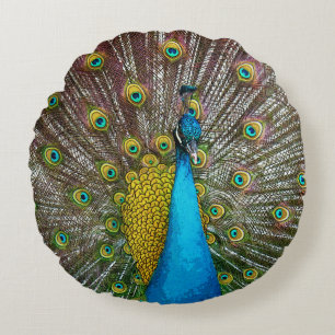 Regal Peacock med kalblått och Guld Rund Kudde