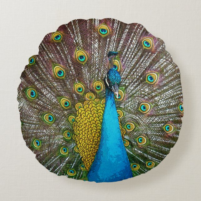 Regal Peacock med kalblått och Guld Rund Kudde (Framsidan)