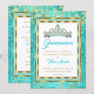 Regal Princess Blå Teal Quinceañera Guld Vit Inbjudningar