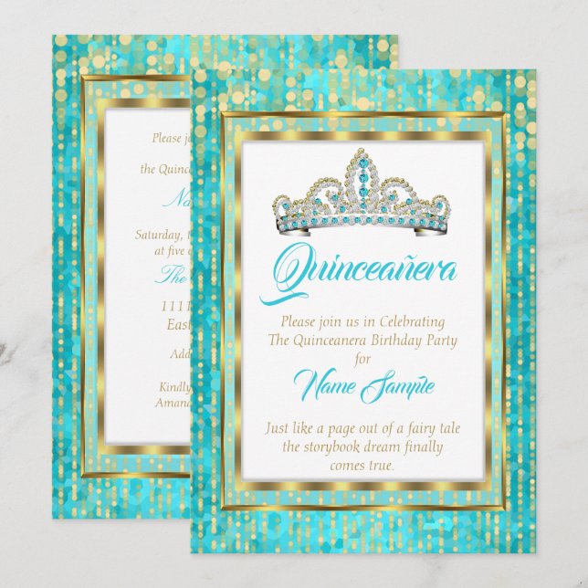 Regal Princess Blue Teal Quinceanera Guld White Inbjudningar (Fram/baksida)