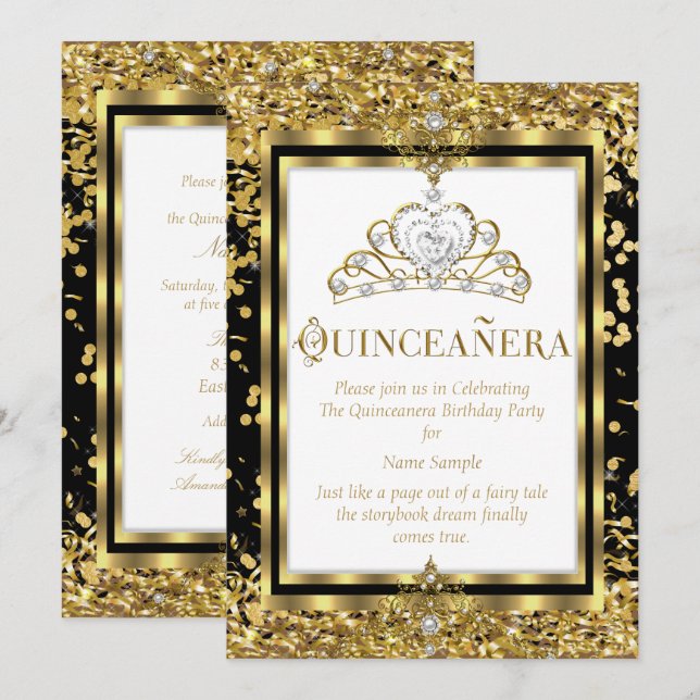 Regal Princess Quinceanera 15:e Guld Black White Inbjudningar (Fram/baksida)