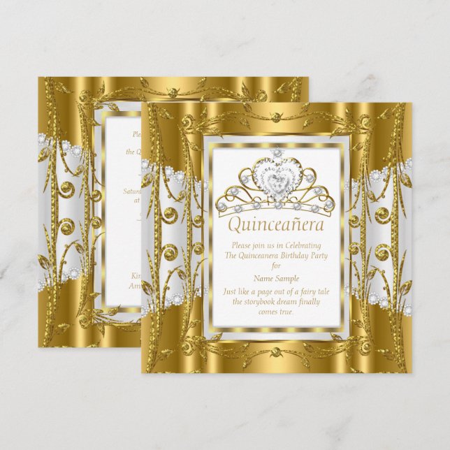 Regal Princess Quinceanera 15:e Guld White Tiara Inbjudningar (Fram/baksida)