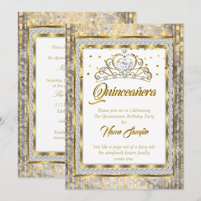 Regal Princess Quinceañera Guld Vit Silver Inbjudningar (Fram/baksida)