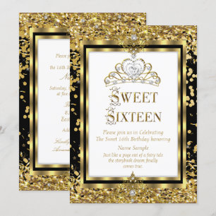 Regal Princess Sweet 16 Guld Svart Vit Party Inbjudningar
