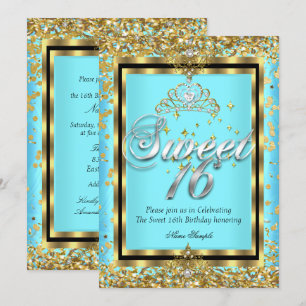 Regal Princess Sweet 16 Guld Teal Blå Party Inbjudningar