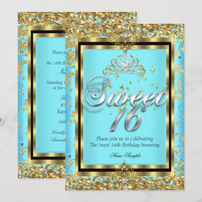 Regal Princess Sweet 16 Guld Teal Blue Party Inbjudningar (Fram/baksida)