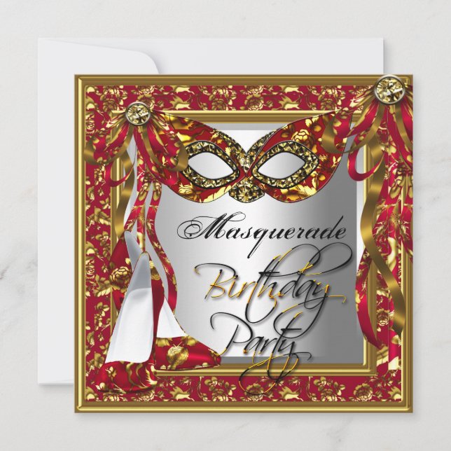 Regal Red Guld Damask Birthday Masquuppad Party Inbjudningar (Framsida)