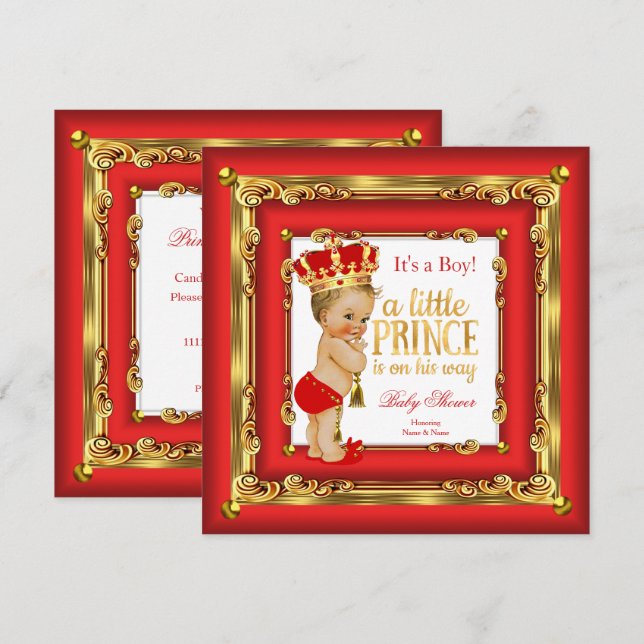 Regal Red Guld Prince Baby Shower Blonde Boy Inbjudningar (Fram/baksida)
