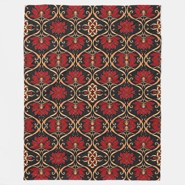 Regal Red Lotus & Golden Filigree Pattern Fleecefilt (Framsidan)