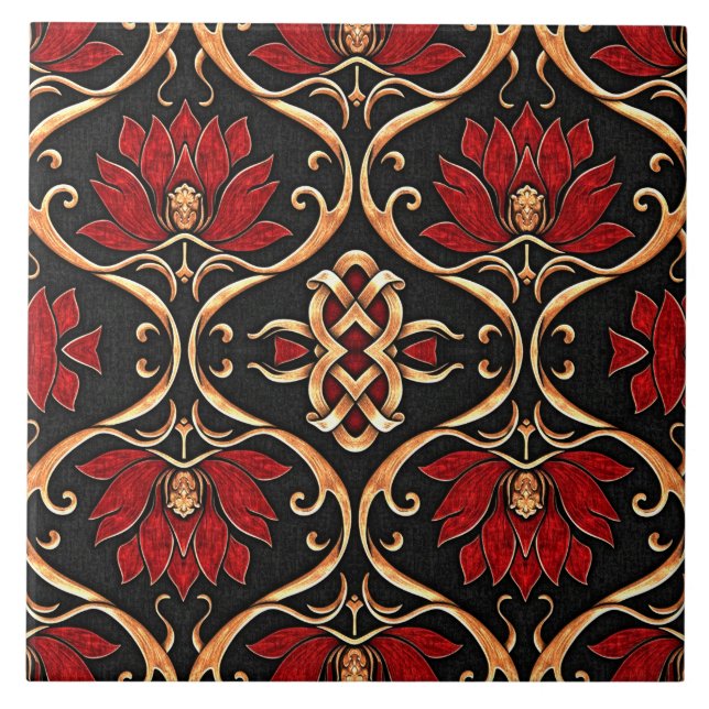 Regal Red Lotus & Golden Filigree Pattern Kakelplatta (Framsidan)