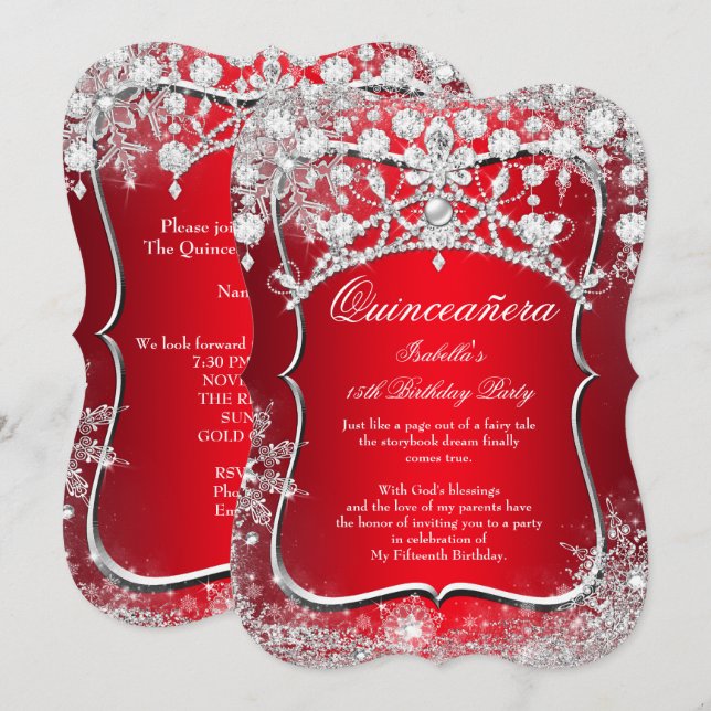Regal Red Quinceanera 15 Winter Wonderland Inbjudningar (Fram/baksida)