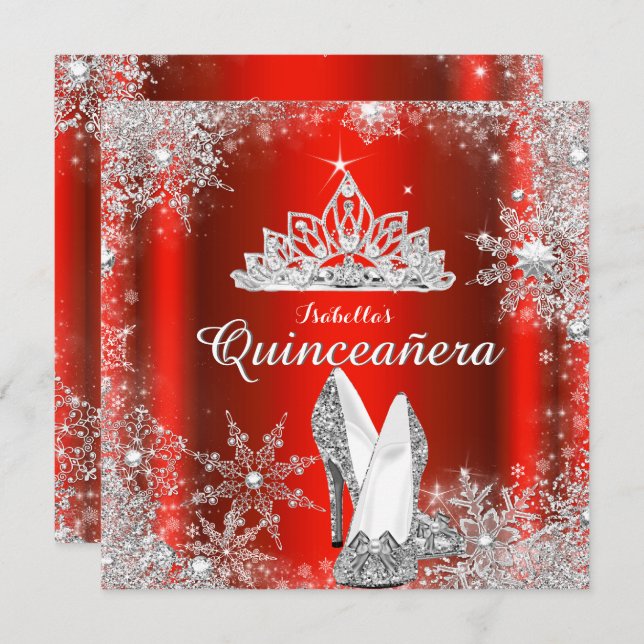 Regal Red Quinceanera Silver Tiara 15:e födelsedag Inbjudningar (Fram/baksida)