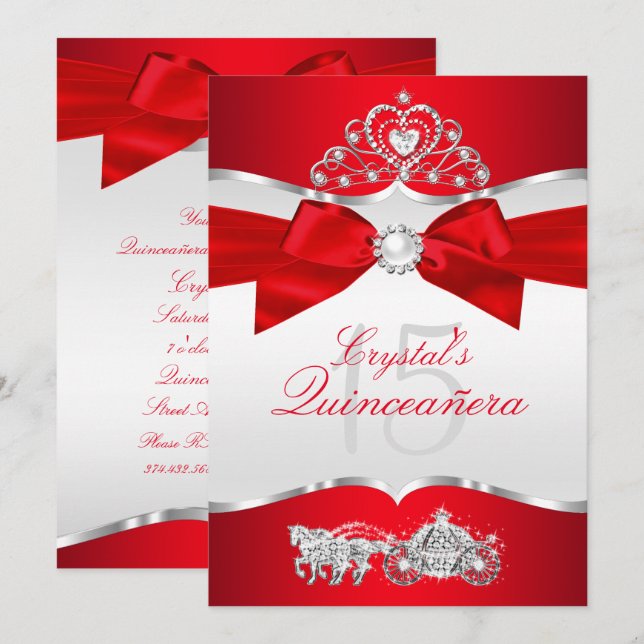 Regal Red Silver Tiara Pearl Bow Quinceanera Inbjudningar (Fram/baksida)