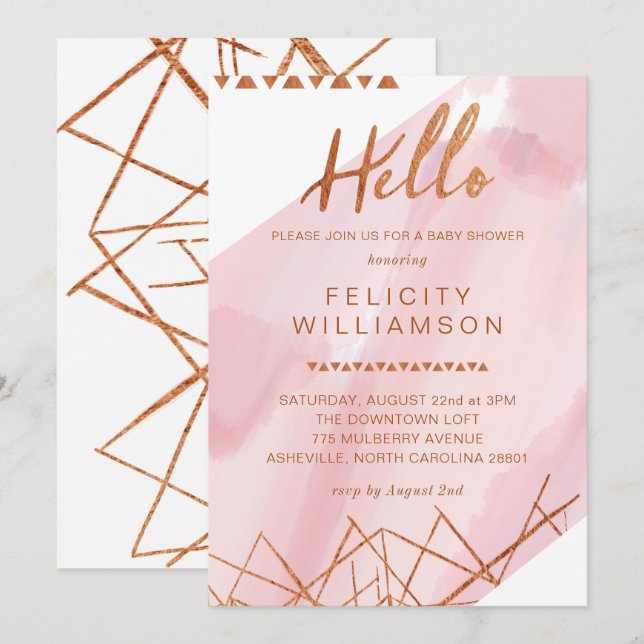 Regal Rosa, Guld Watercolor Baby Shower-inbjudan Inbjudningar (Fram/baksida)