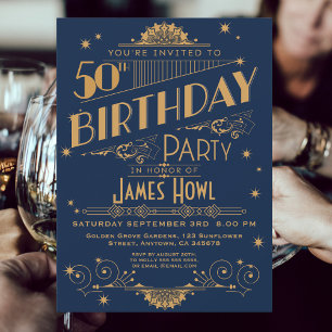 Regal Royal Blue 50 Birthday Inbjudan, Art Deco Spara Datumet
