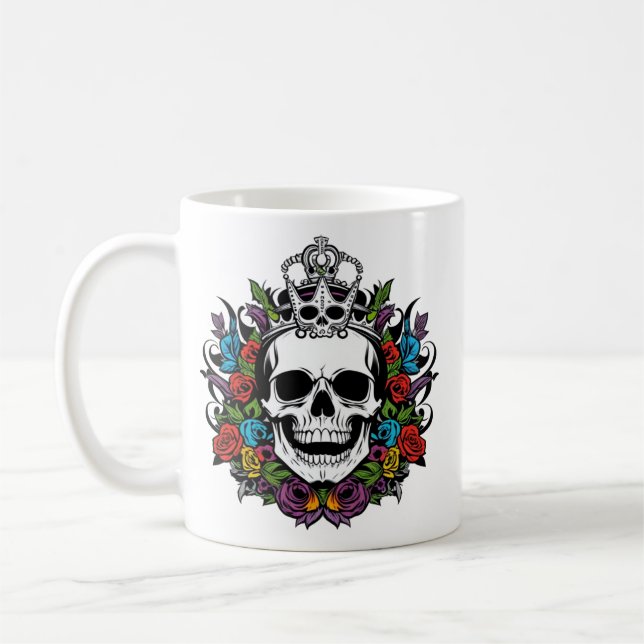 Regal Skull with Crown and Colorful Roses Kaffemugg (Vänster)