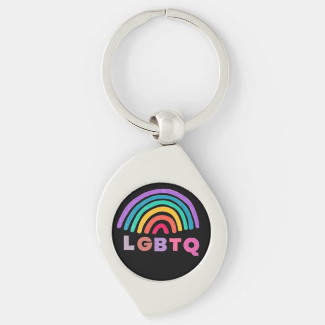 Regenbogen gemalt mit Schrift LGBTQ Swirl Silverfärgad Nyckelring (Framsidan)
