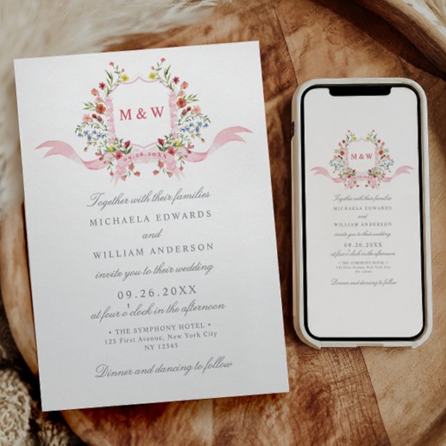 Regency Akvarell Botanisk Rosa Vapen Wedding Inbjudningar (Skapare uppladdad)