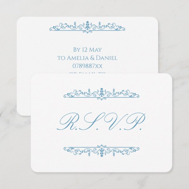 Regency Blå & Vit RSVP OSA Kort (Fram/baksida)