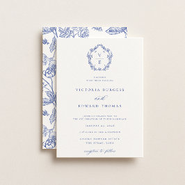 Regency Blue Crest Monogram Bröllop Inbjudningar
