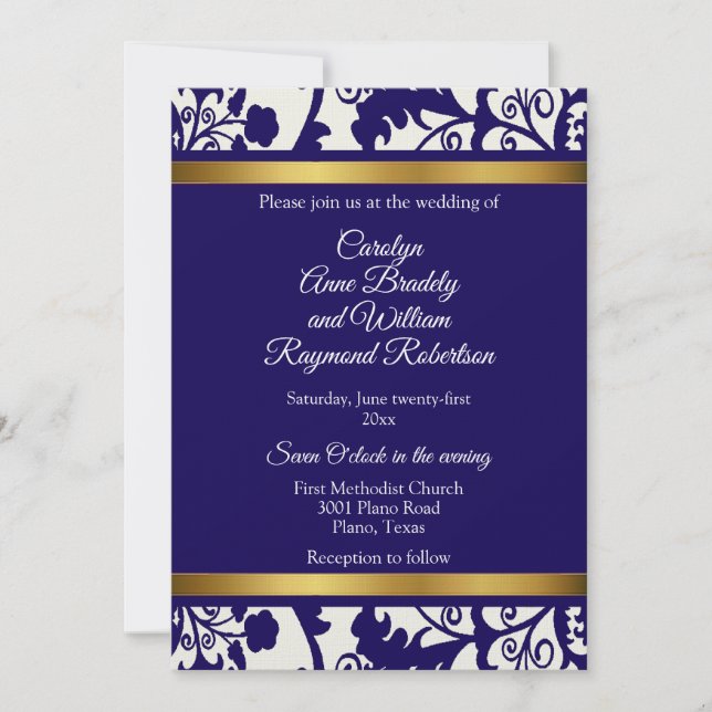 Regency Blue Damask Bröllop Inbjudningar (Framsida)