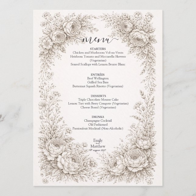 Regency Botanical Engraving Wedding Party Menu Car Meny (Framsida)