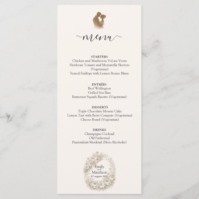 Regency Botanical Engraving Wedding Party Menu Car Meny (Framsida)