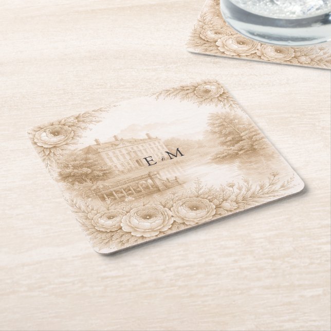 Regency Botanisk Gravyr Bröllop Underlägg Papper Kvadrat (Vinklad)