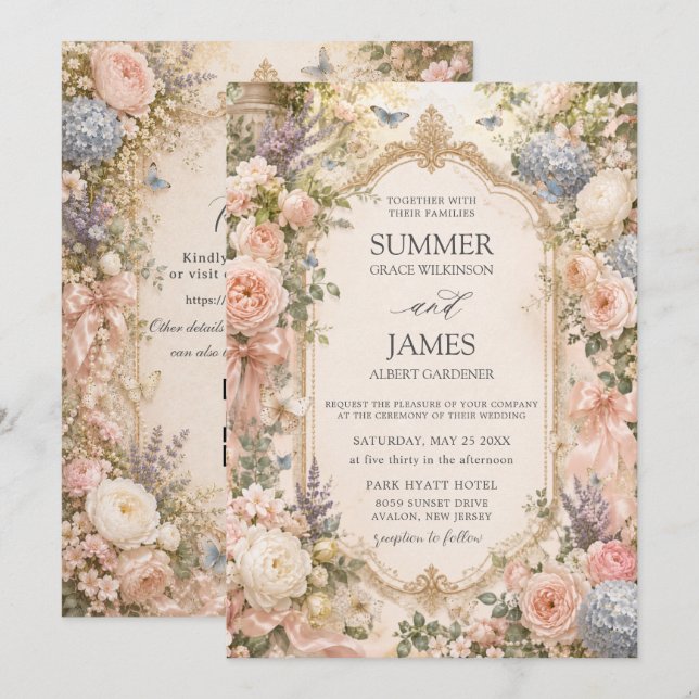 Regency engelsk blomsterträdgård bröllop QR RSVP Inbjudningar (Fram/baksida)