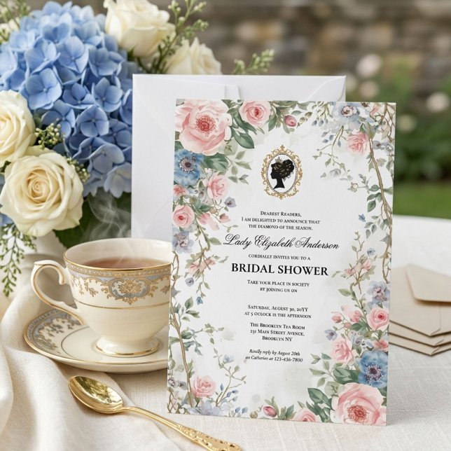 Regency-erans blomstermönster rosa bröllopsdusch inbjudningar (Skapare uppladdad)