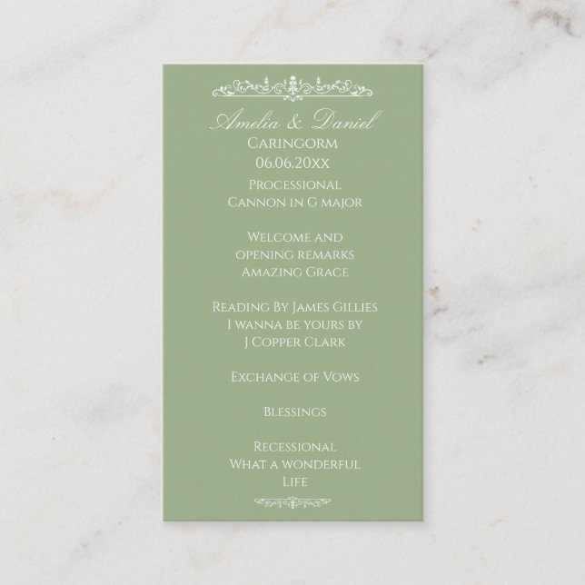 Regency Green bröllopsceremoni-program Tilläggskort (Framsida)