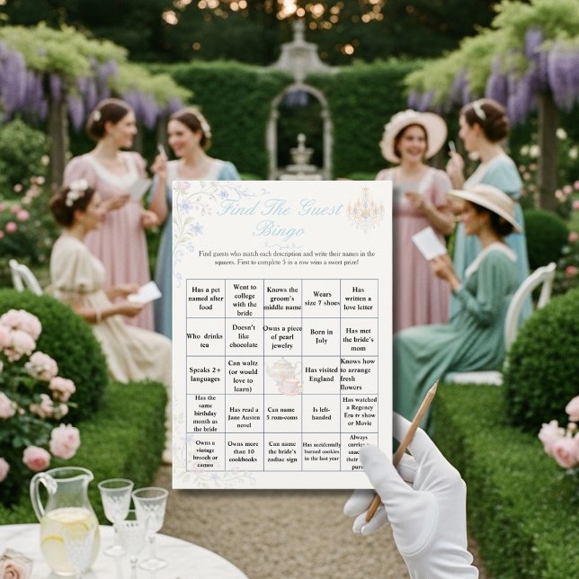 Regency  Hitta bröllopsduschbingo för gäster spel Inbjudningar (Regency Find the Guest Bridal Shower Bingo game)