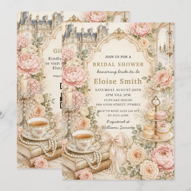 Regency Rosa Blommig Högtidsfest för Bröllopsdusch Inbjudningar (Fram/baksida)