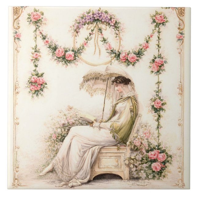 Regency Rose Garden Läsande dam Kakelplatta (Framsidan)