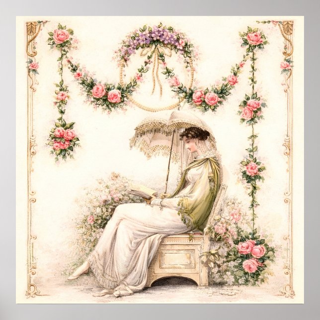 Regency Rose Garden Läsande dam Poster (Framsidan)