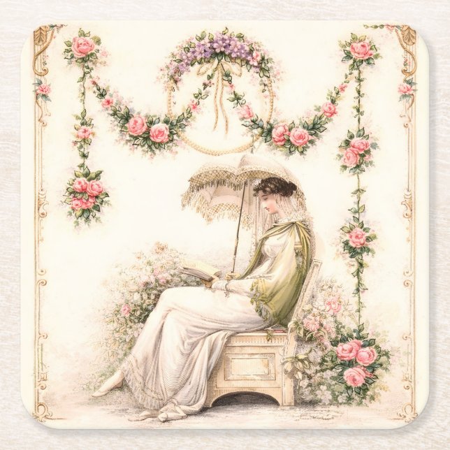 Regency Rose Garden Läsande dam Underlägg Papper Kvadrat (Framsidan)