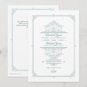 Regency Vintage Bröllop Tema Spara Datum Teal Inbjudningar