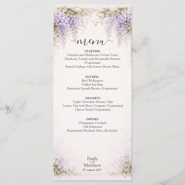 Regency Wisteria Wedding Menu Card Meny (Framsida)
