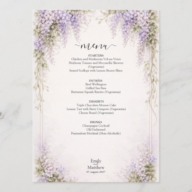 Regency Wisteria Wedding Menu Card Meny (Framsida)