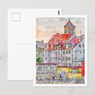 Regensburg Tyskland Berömd Travel Ställe Watercolo Vykort