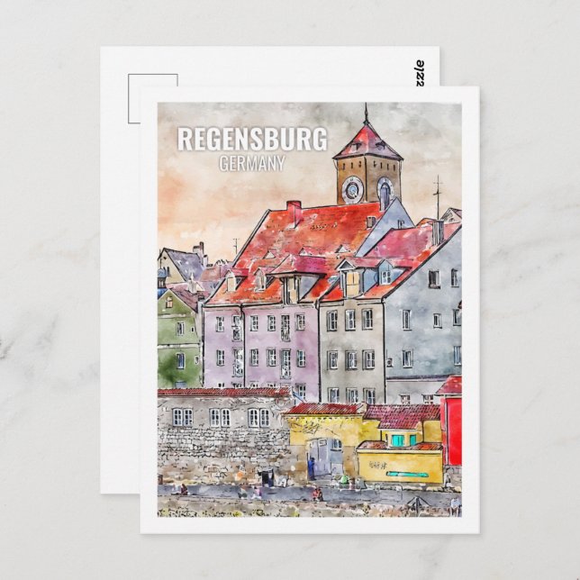 Regensburg Tyskland Berömd Travel Ställe Watercolo Vykort (Fram/baksida)